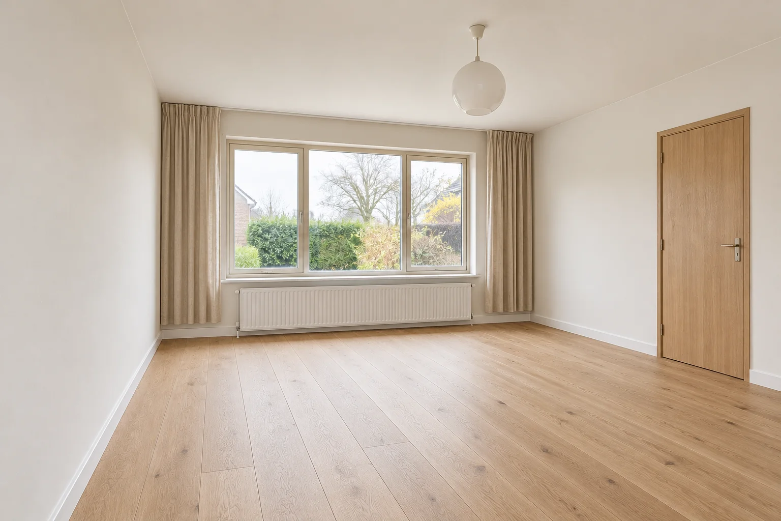 Same illustrated room after renovation with oak flooring and renewed finishes