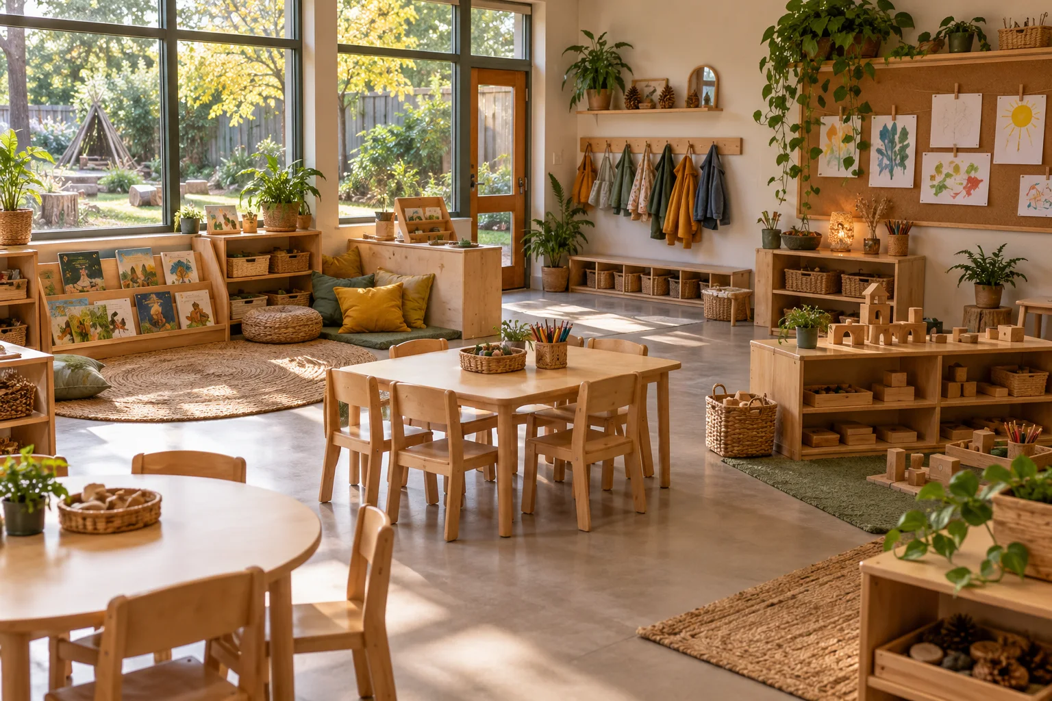 Illustrated preschool room with low wooden tables, books, and daylight